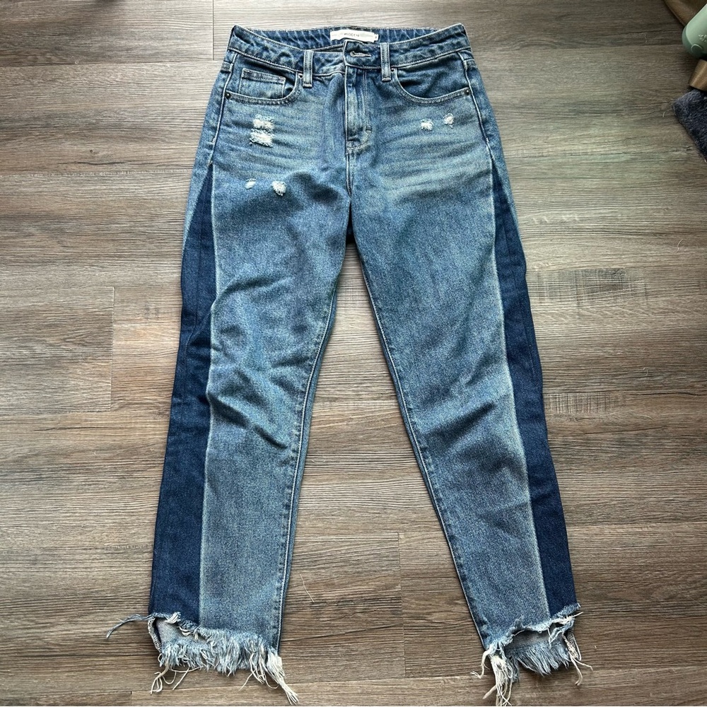 Hidden Distressed Color Block Denim